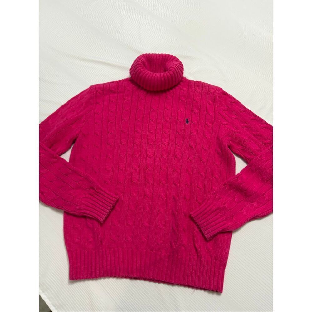 Polo Ralph Lauren Women's Cable Knit Sweater Size M Pink Turtle Neck 100% Cotton